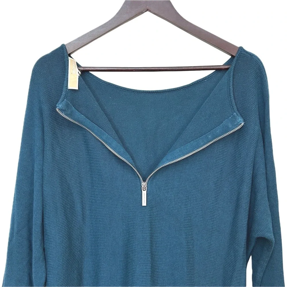 Michael Kors Tunic Women XL Teal‎ Ribbed Knit Exposed Back Zipper Oversized Chic